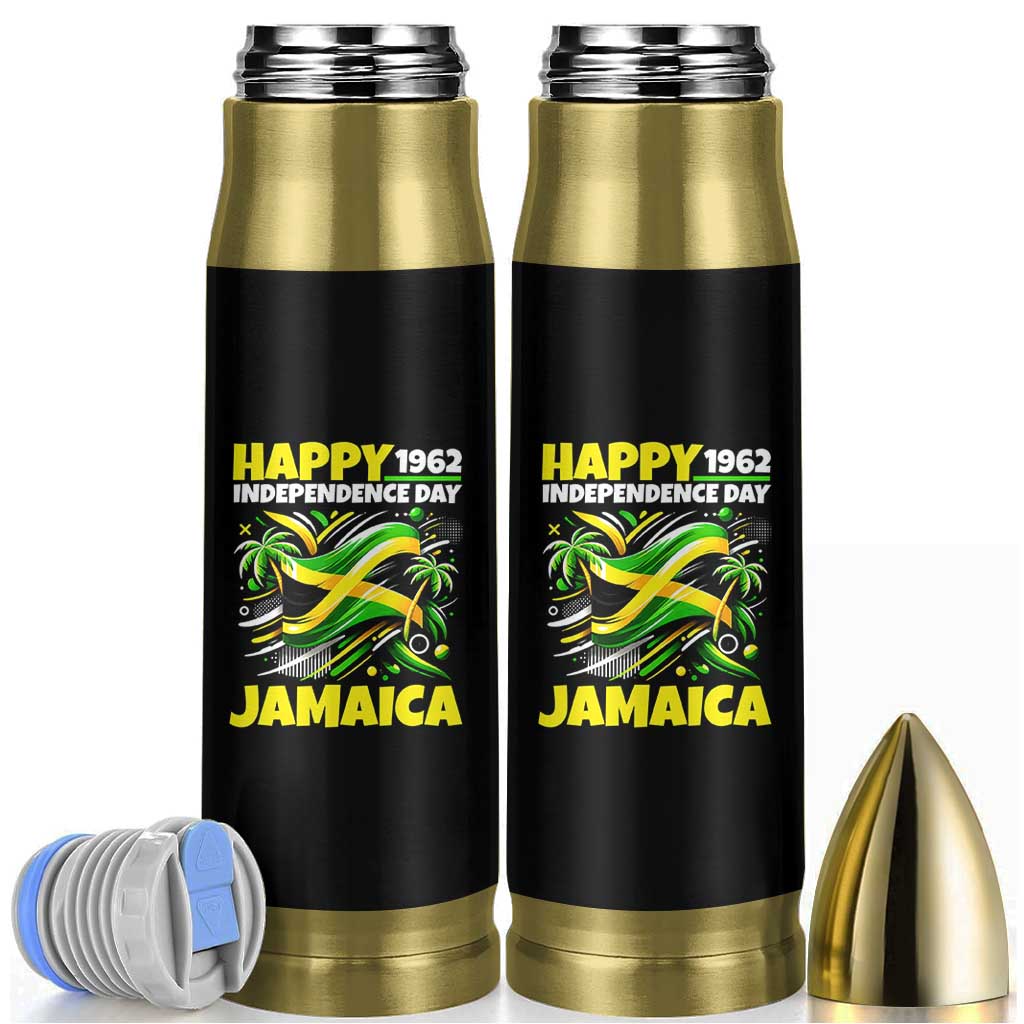 Happy Jamaican Independence Day 1962 Graphic Bullet Tumbler Jamaica Waving Flag and Palm Trees Caribbean Pride