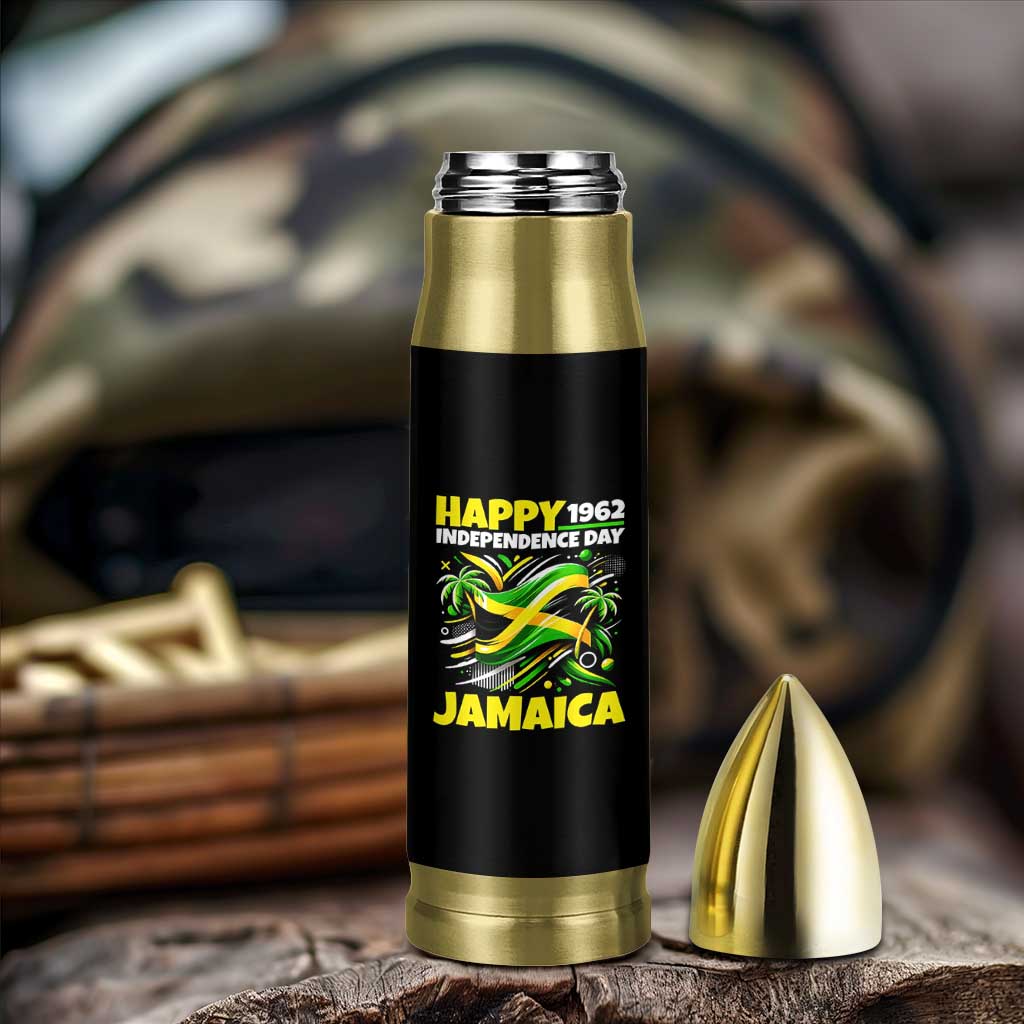 Happy Jamaican Independence Day 1962 Graphic Bullet Tumbler Jamaica Waving Flag and Palm Trees Caribbean Pride