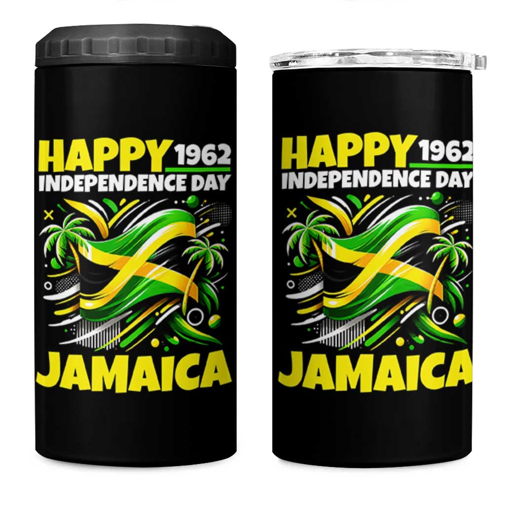 Happy Jamaican Independence Day 1962 Graphic 4 in 1 Can Cooler Tumbler Jamaica Waving Flag and Palm Trees Caribbean Pride