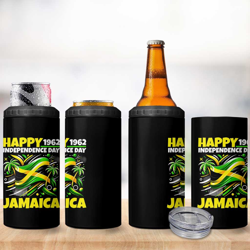 Happy Jamaican Independence Day 1962 Graphic 4 in 1 Can Cooler Tumbler Jamaica Waving Flag and Palm Trees Caribbean Pride