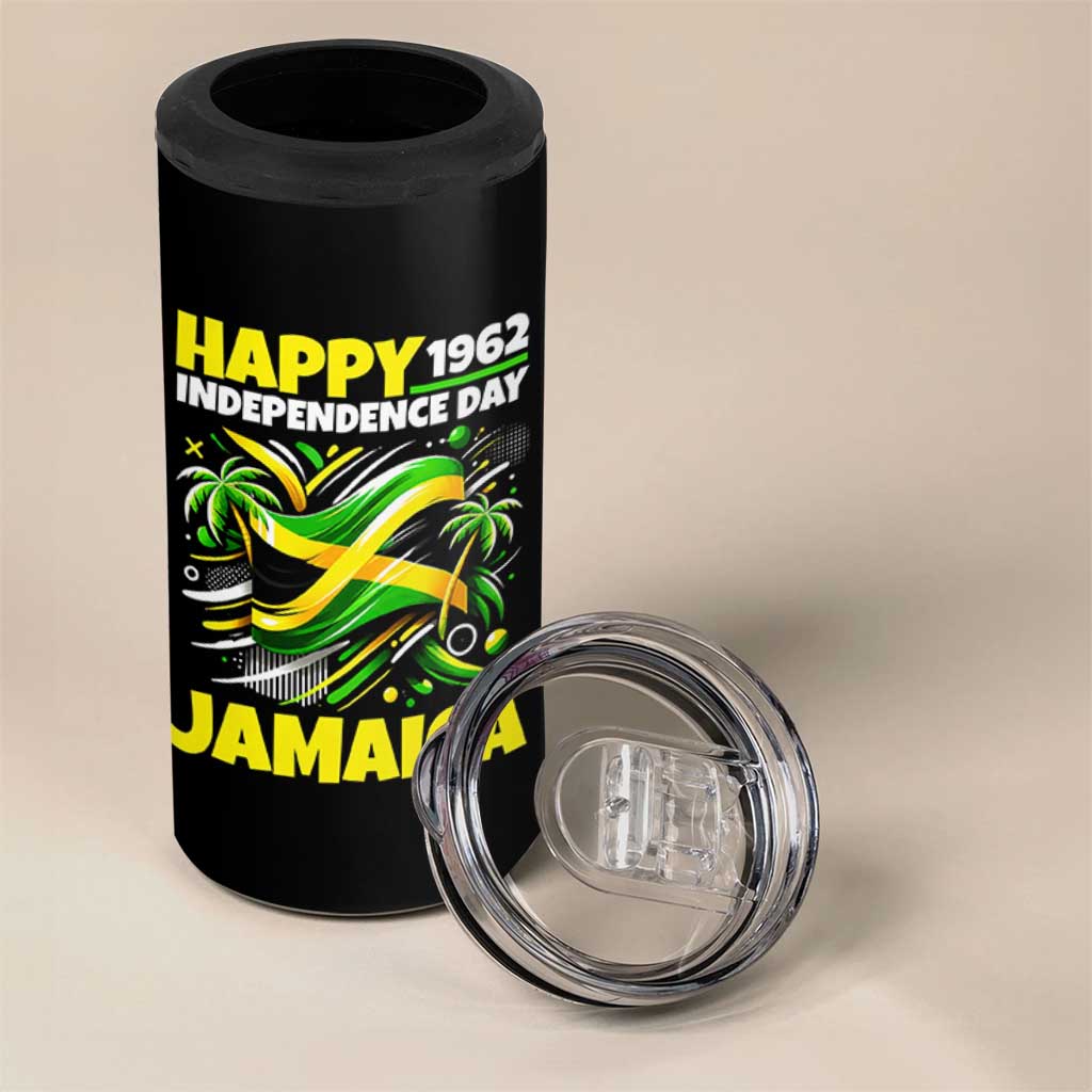 Happy Jamaican Independence Day 1962 Graphic 4 in 1 Can Cooler Tumbler Jamaica Waving Flag and Palm Trees Caribbean Pride
