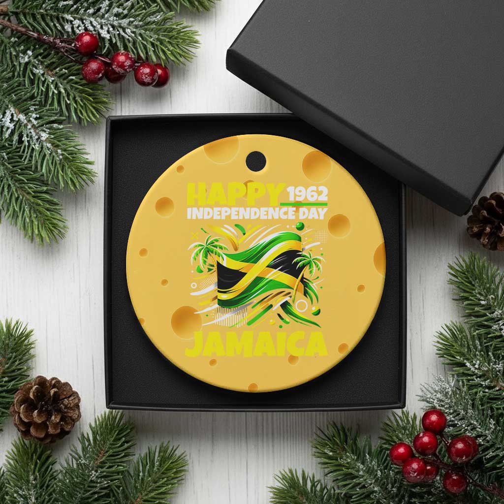 Happy Jamaican Independence Day 1962 Graphic Ceramic Ornament Jamaica Waving Flag and Palm Trees Caribbean Pride