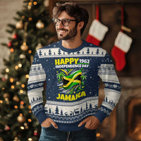 Happy Jamaican Independence Day 1962 Graphic Ugly Christmas Sweater Jamaica Waving Flag and Palm Trees Caribbean Pride