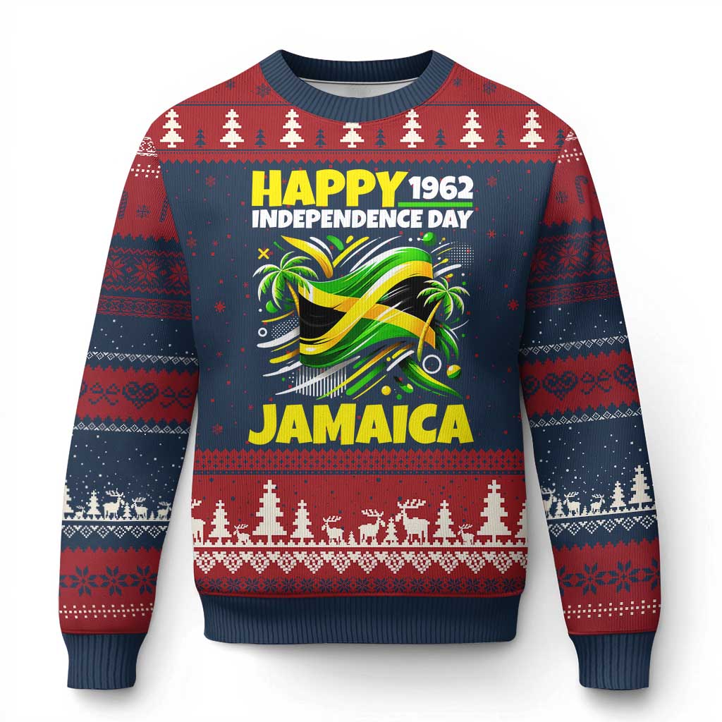 Happy Jamaican Independence Day 1962 Graphic Ugly Christmas Sweater Jamaica Waving Flag and Palm Trees Caribbean Pride