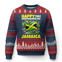 Happy Jamaican Independence Day 1962 Graphic Ugly Christmas Sweater Jamaica Waving Flag and Palm Trees Caribbean Pride