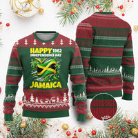Happy Jamaican Independence Day 1962 Graphic Ugly Christmas Sweater Jamaica Waving Flag and Palm Trees Caribbean Pride