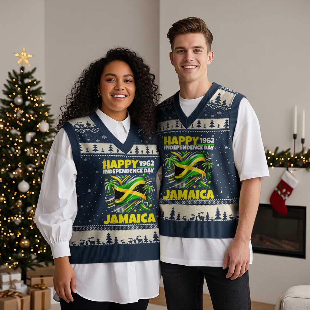 Happy Jamaican Independence Day 1962 Graphic V-Neck Knit Sweater Vest Jamaica Waving Flag and Palm Trees Caribbean Pride