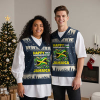 Happy Jamaican Independence Day 1962 Graphic V-Neck Knit Sweater Vest Jamaica Waving Flag and Palm Trees Caribbean Pride