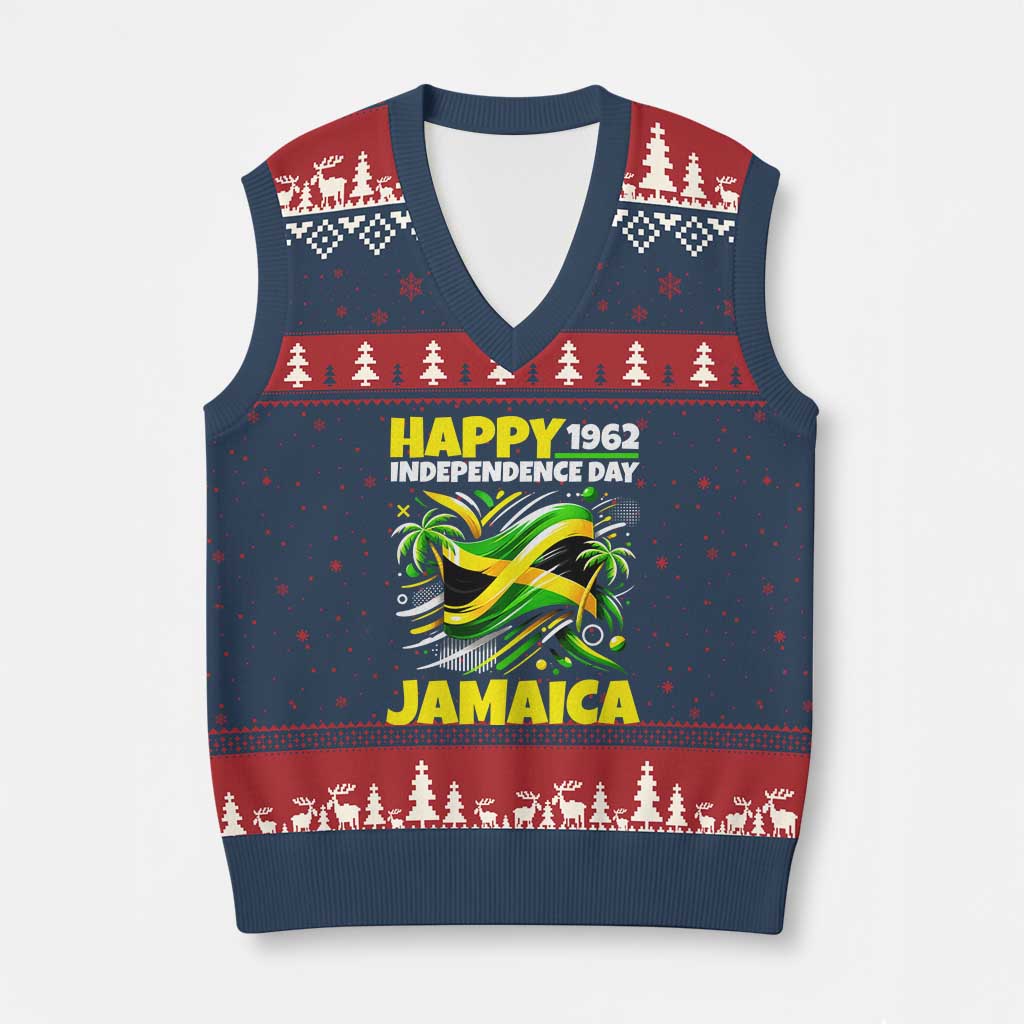 Happy Jamaican Independence Day 1962 Graphic V-Neck Knit Sweater Vest Jamaica Waving Flag and Palm Trees Caribbean Pride