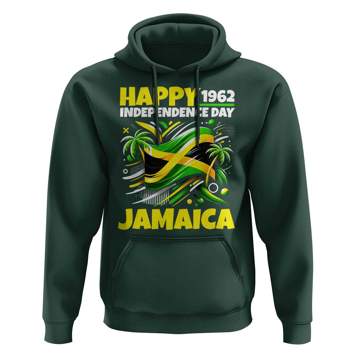 Happy Jamaican Independence Day 1962 Graphic Hoodie Jamaica Waving Flag and Palm Trees Caribbean Pride