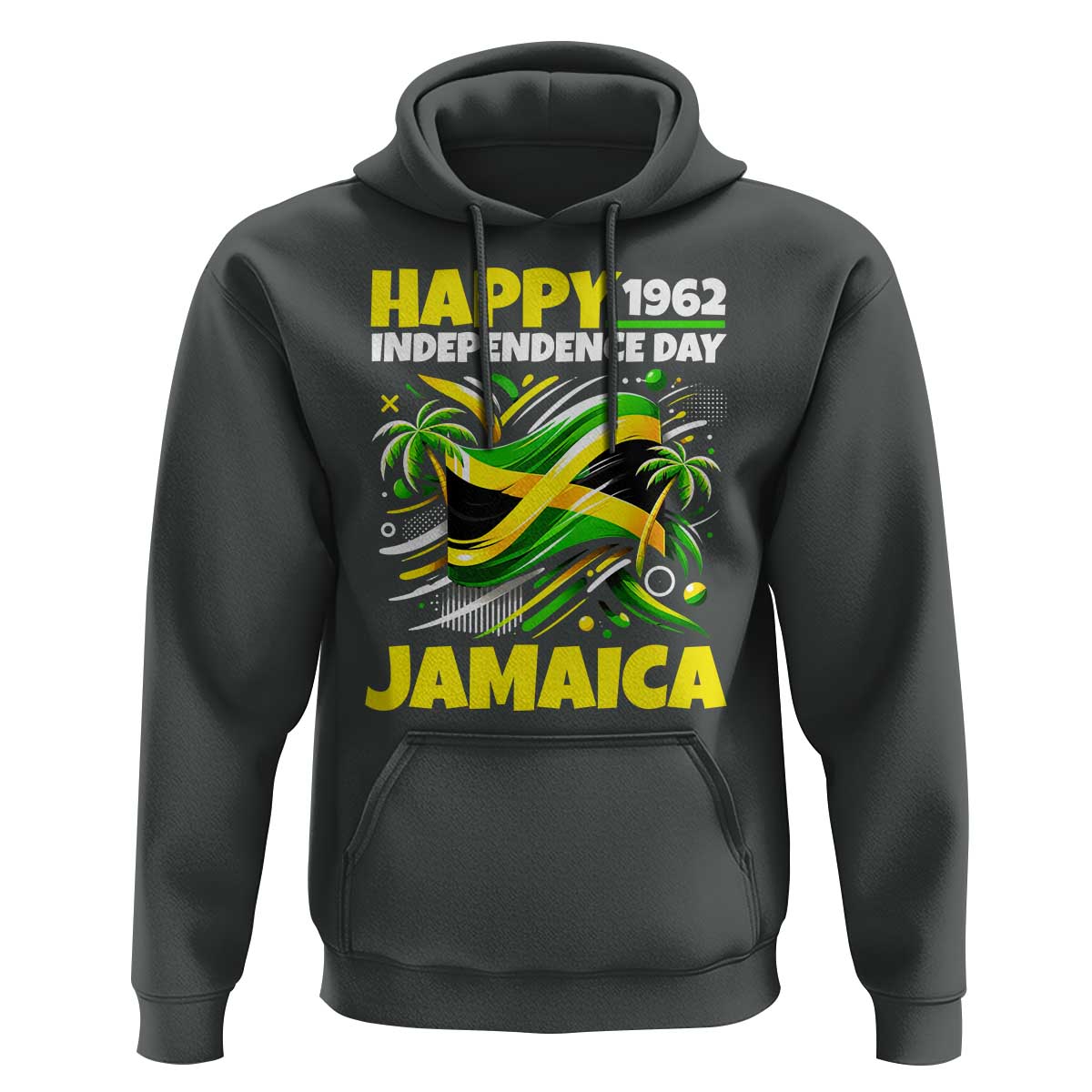 Happy Jamaican Independence Day 1962 Graphic Hoodie Jamaica Waving Flag and Palm Trees Caribbean Pride