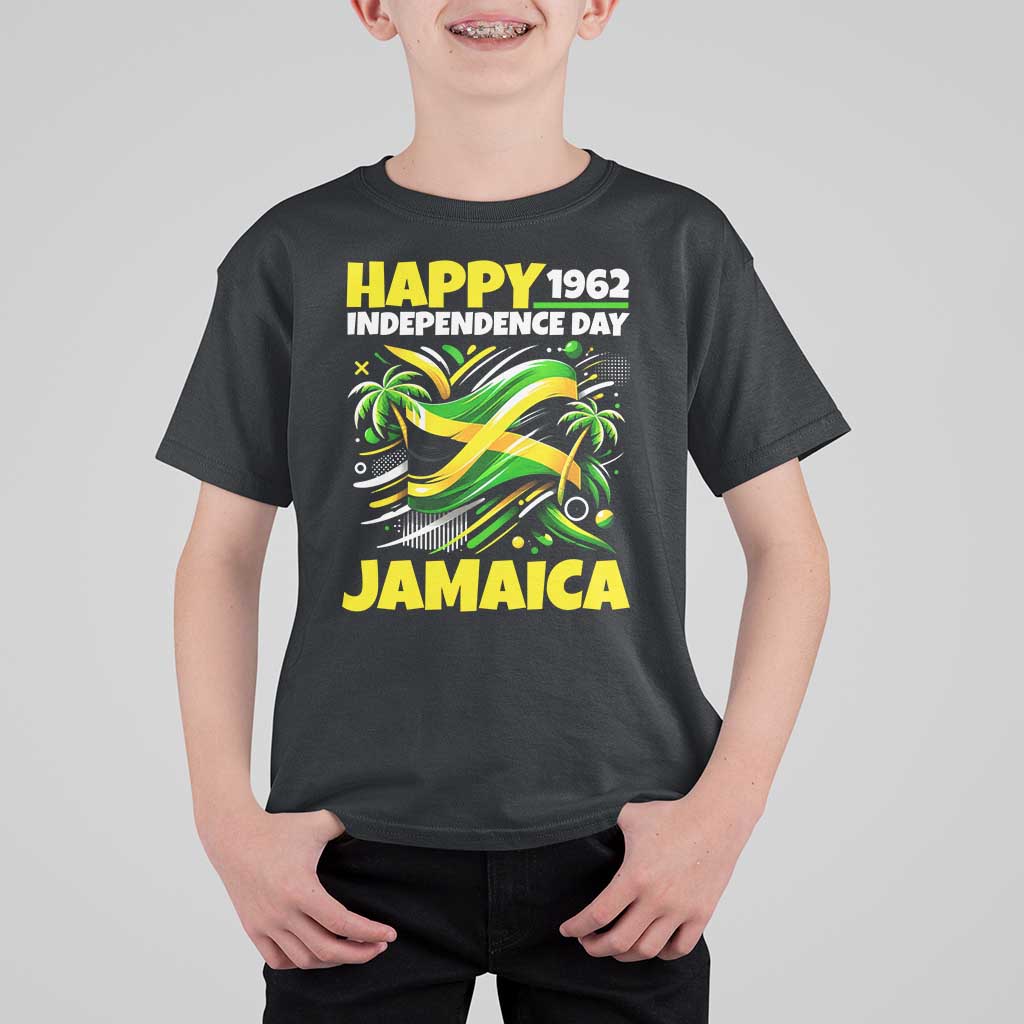 Happy Jamaican Independence Day 1962 Graphic T Shirt For Kid Jamaica Waving Flag and Palm Trees Caribbean Pride