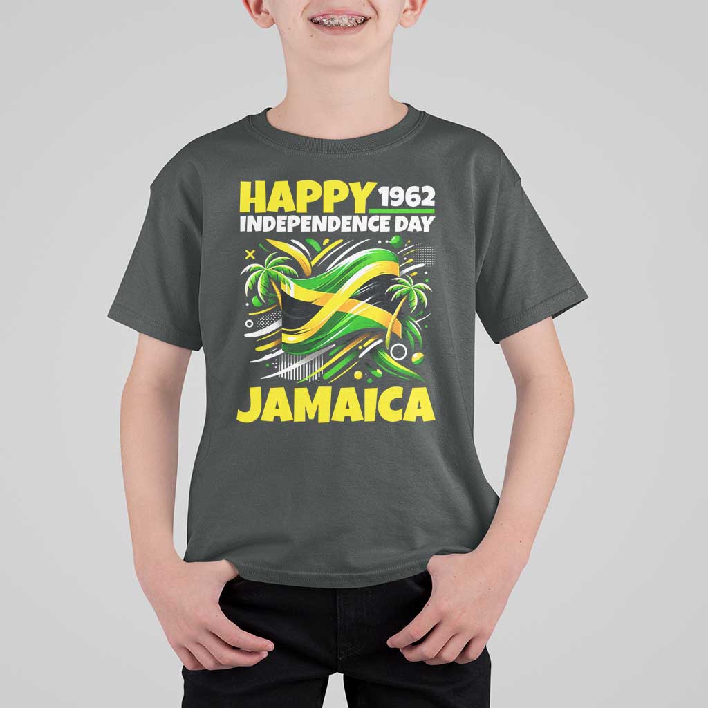 Happy Jamaican Independence Day 1962 Graphic T Shirt For Kid Jamaica Waving Flag and Palm Trees Caribbean Pride