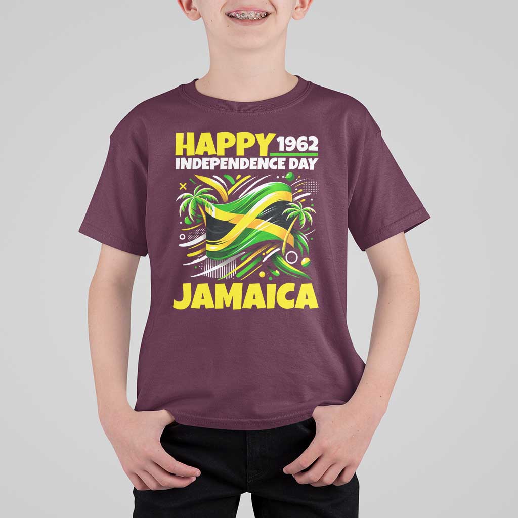 Happy Jamaican Independence Day 1962 Graphic T Shirt For Kid Jamaica Waving Flag and Palm Trees Caribbean Pride