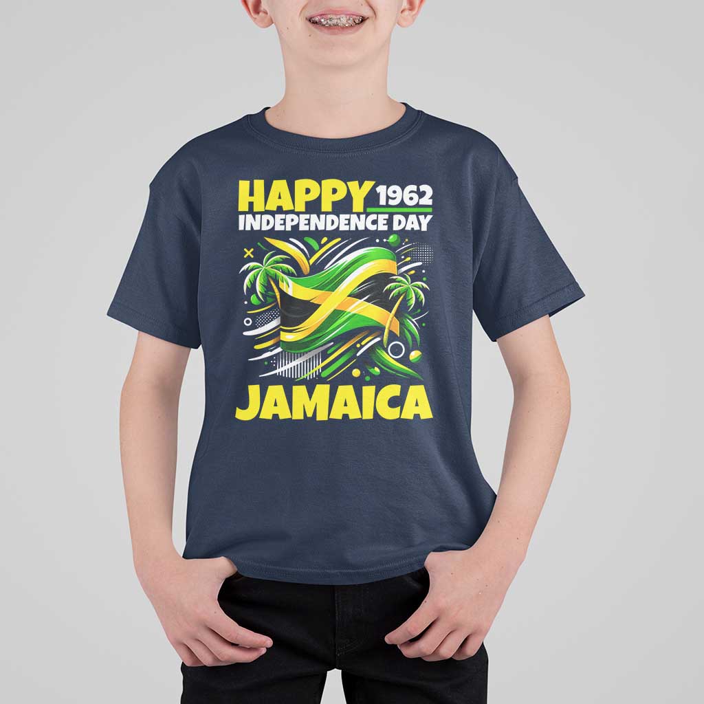 Happy Jamaican Independence Day 1962 Graphic T Shirt For Kid Jamaica Waving Flag and Palm Trees Caribbean Pride