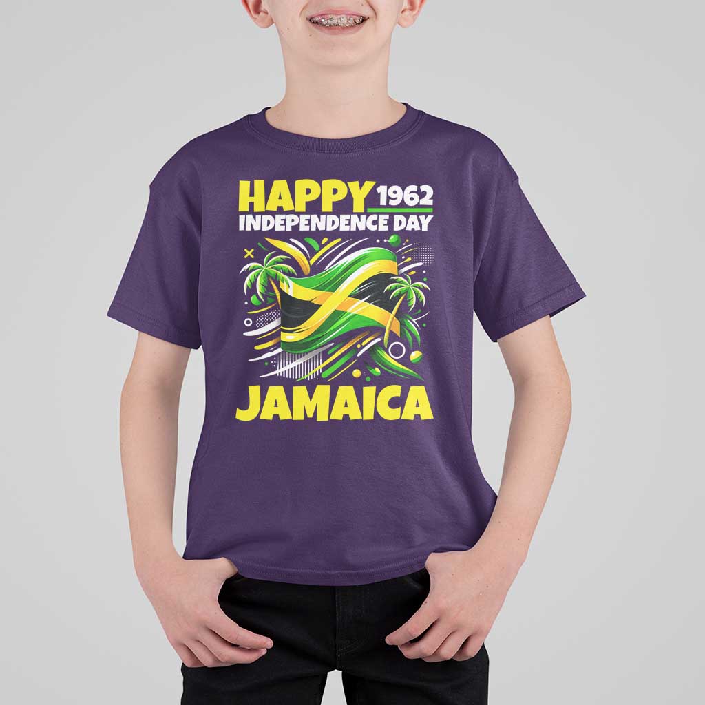 Happy Jamaican Independence Day 1962 Graphic T Shirt For Kid Jamaica Waving Flag and Palm Trees Caribbean Pride