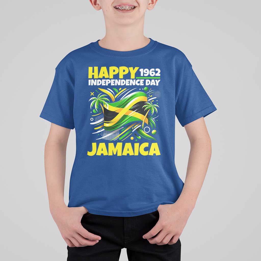 Happy Jamaican Independence Day 1962 Graphic T Shirt For Kid Jamaica Waving Flag and Palm Trees Caribbean Pride