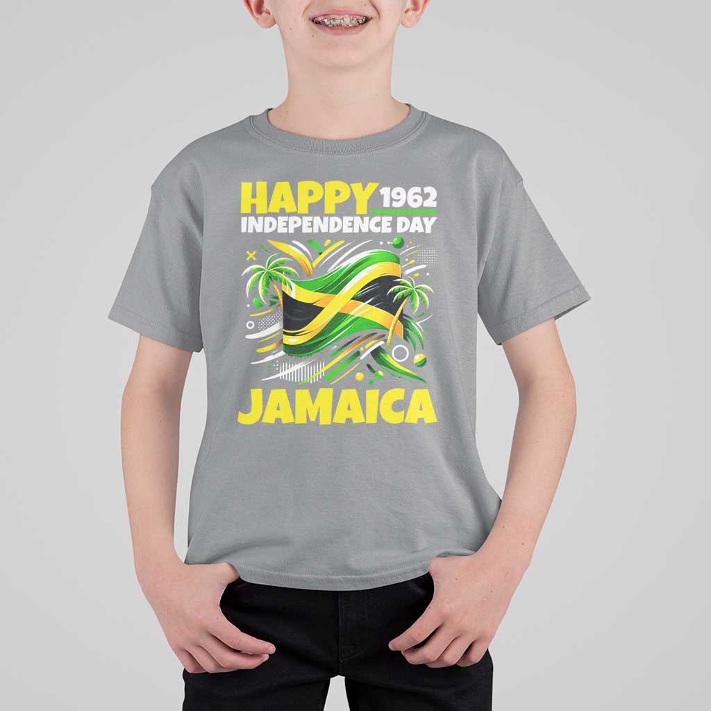 Happy Jamaican Independence Day 1962 Graphic T Shirt For Kid Jamaica Waving Flag and Palm Trees Caribbean Pride