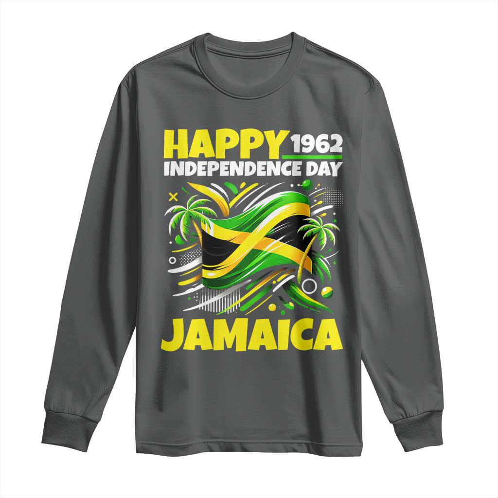 Happy Jamaican Independence Day 1962 Graphic Long Sleeve Shirt Jamaica Waving Flag and Palm Trees Caribbean Pride