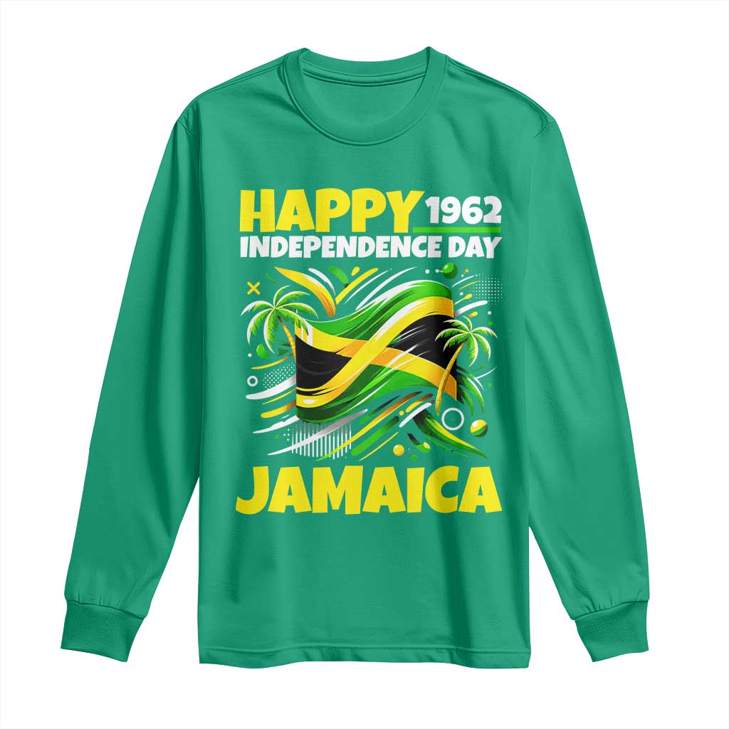 Happy Jamaican Independence Day 1962 Graphic Long Sleeve Shirt Jamaica Waving Flag and Palm Trees Caribbean Pride