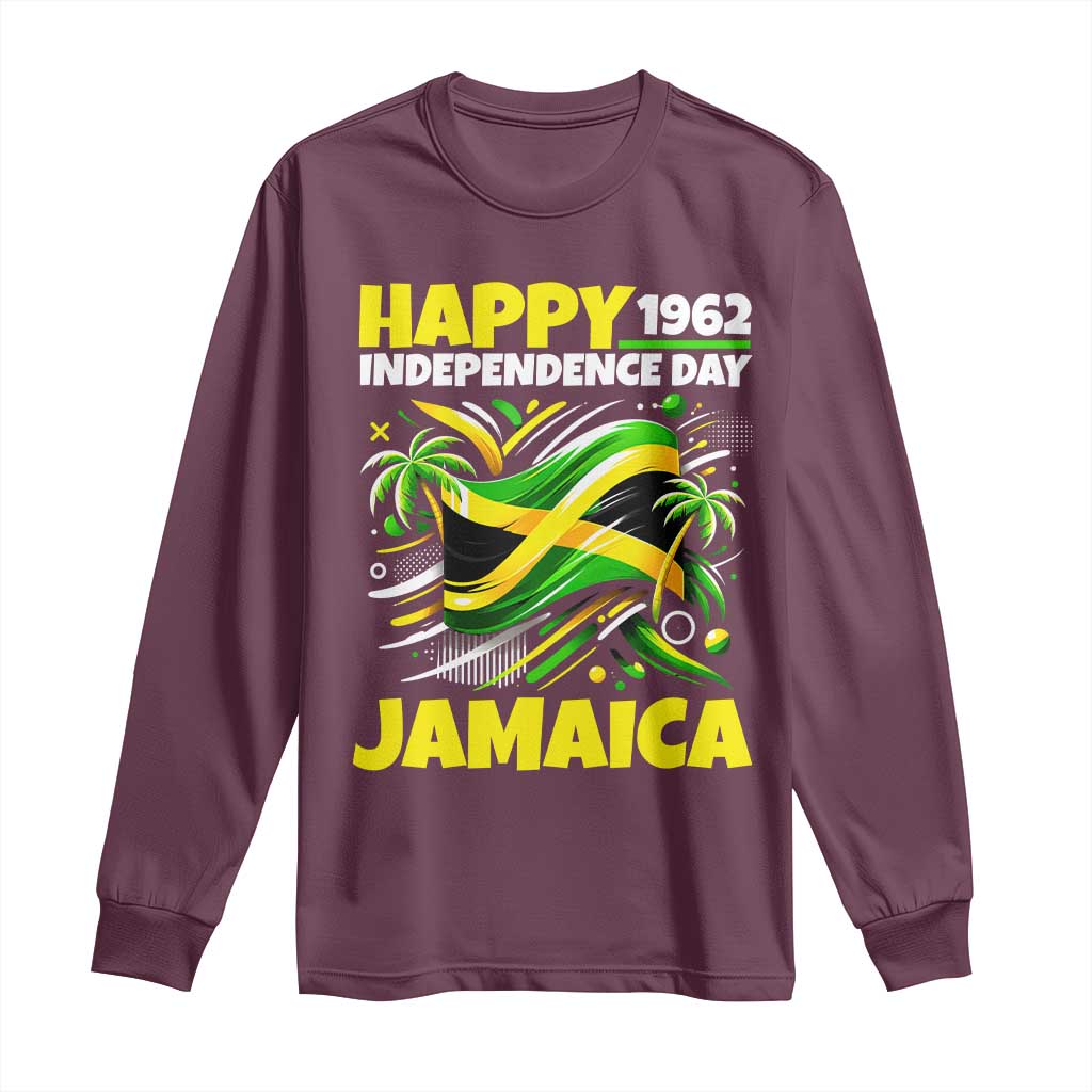 Happy Jamaican Independence Day 1962 Graphic Long Sleeve Shirt Jamaica Waving Flag and Palm Trees Caribbean Pride
