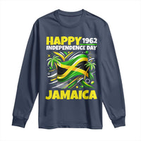 Happy Jamaican Independence Day 1962 Graphic Long Sleeve Shirt Jamaica Waving Flag and Palm Trees Caribbean Pride