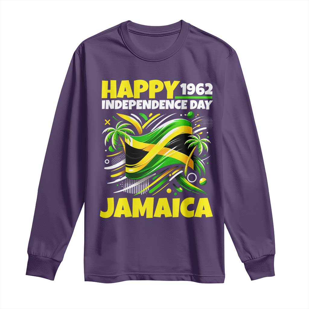Happy Jamaican Independence Day 1962 Graphic Long Sleeve Shirt Jamaica Waving Flag and Palm Trees Caribbean Pride