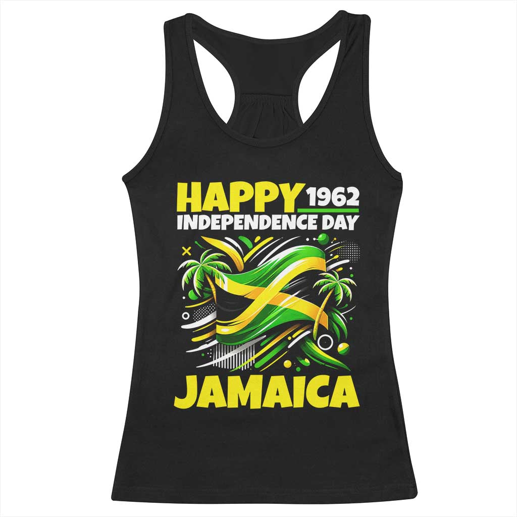 Happy Jamaican Independence Day 1962 Graphic Racerback Tank Top Jamaica Waving Flag and Palm Trees Caribbean Pride