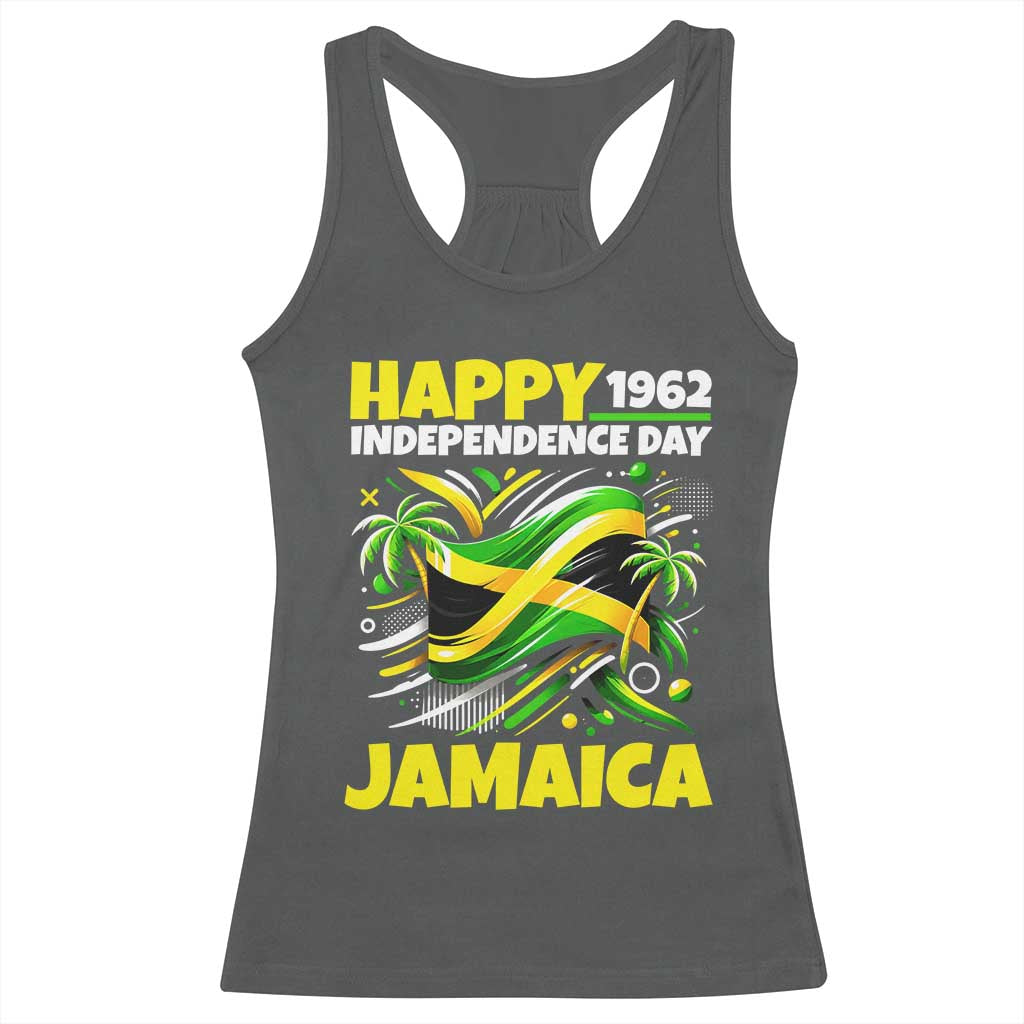 Happy Jamaican Independence Day 1962 Graphic Racerback Tank Top Jamaica Waving Flag and Palm Trees Caribbean Pride