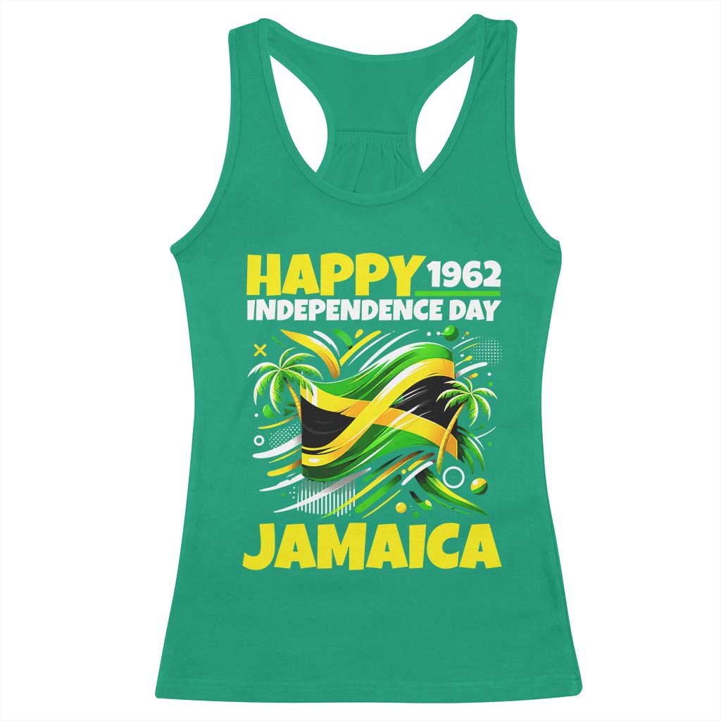 Happy Jamaican Independence Day 1962 Graphic Racerback Tank Top Jamaica Waving Flag and Palm Trees Caribbean Pride