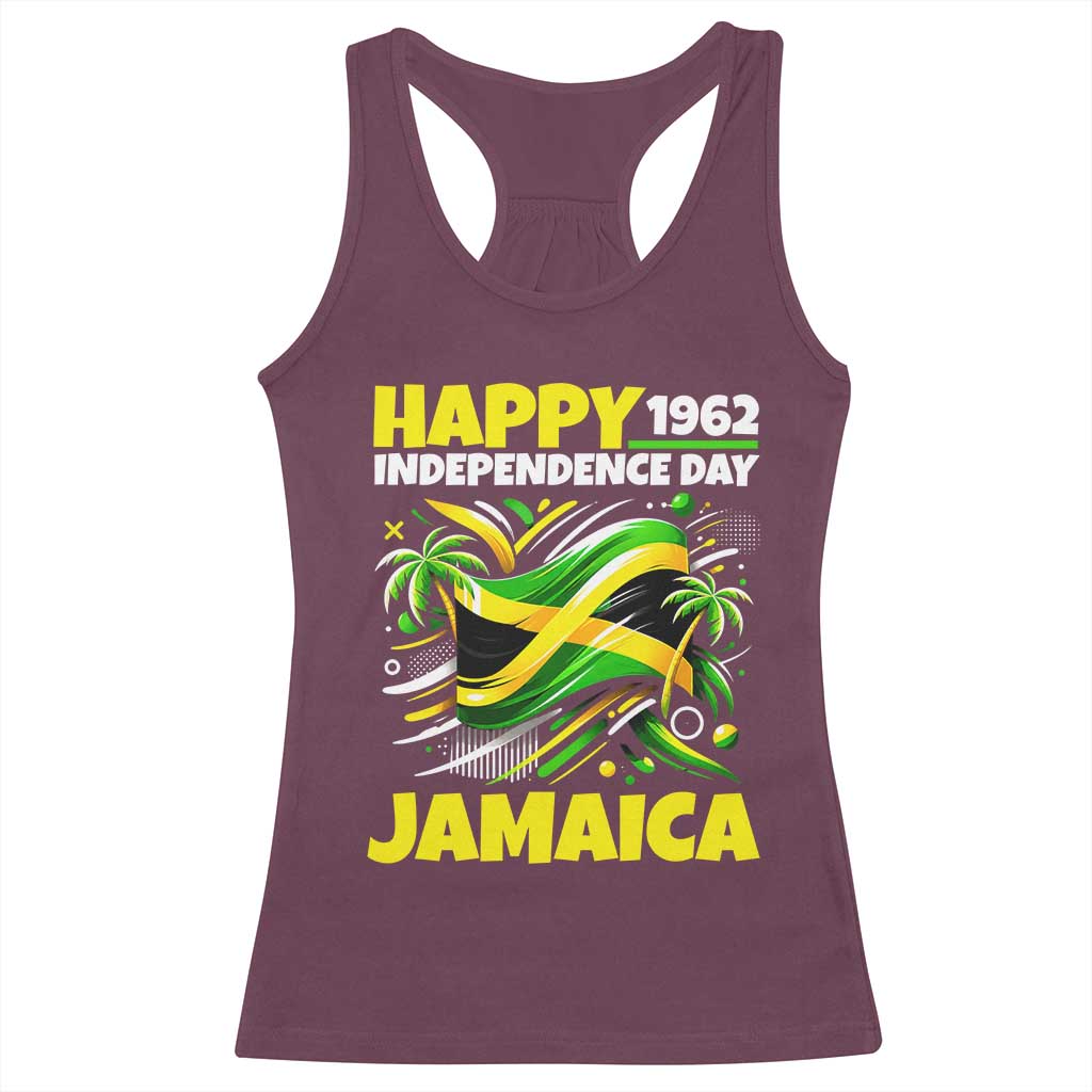 Happy Jamaican Independence Day 1962 Graphic Racerback Tank Top Jamaica Waving Flag and Palm Trees Caribbean Pride