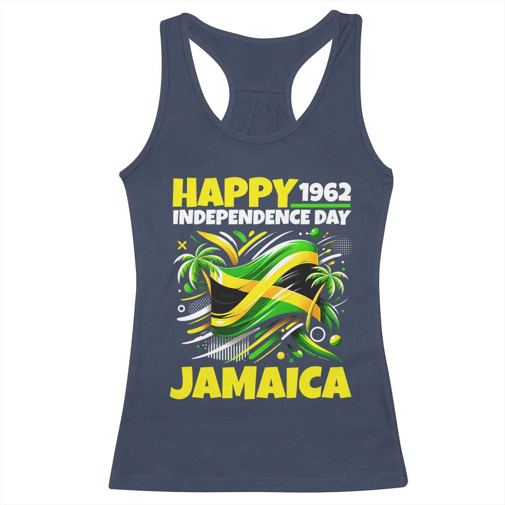 Happy Jamaican Independence Day 1962 Graphic Racerback Tank Top Jamaica Waving Flag and Palm Trees Caribbean Pride