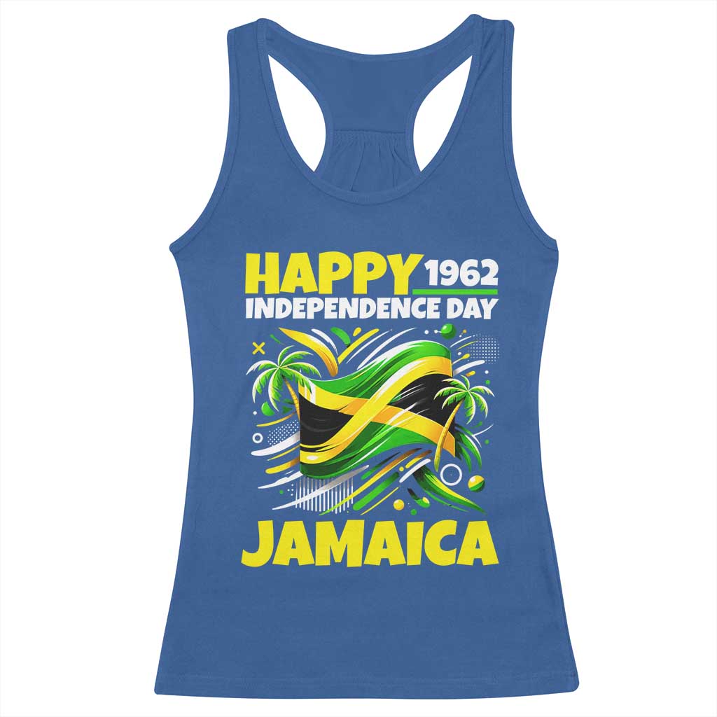 Happy Jamaican Independence Day 1962 Graphic Racerback Tank Top Jamaica Waving Flag and Palm Trees Caribbean Pride