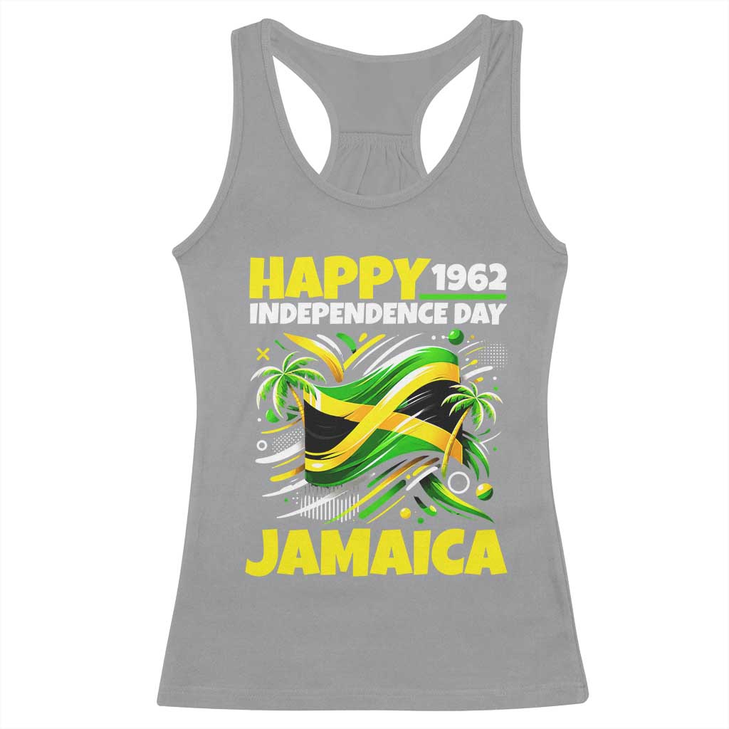 Happy Jamaican Independence Day 1962 Graphic Racerback Tank Top Jamaica Waving Flag and Palm Trees Caribbean Pride