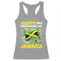 Happy Jamaican Independence Day 1962 Graphic Racerback Tank Top Jamaica Waving Flag and Palm Trees Caribbean Pride