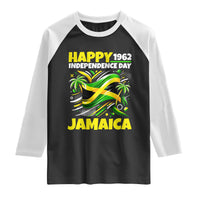Happy Jamaican Independence Day 1962 Graphic Raglan Shirt Jamaica Waving Flag and Palm Trees Caribbean Pride