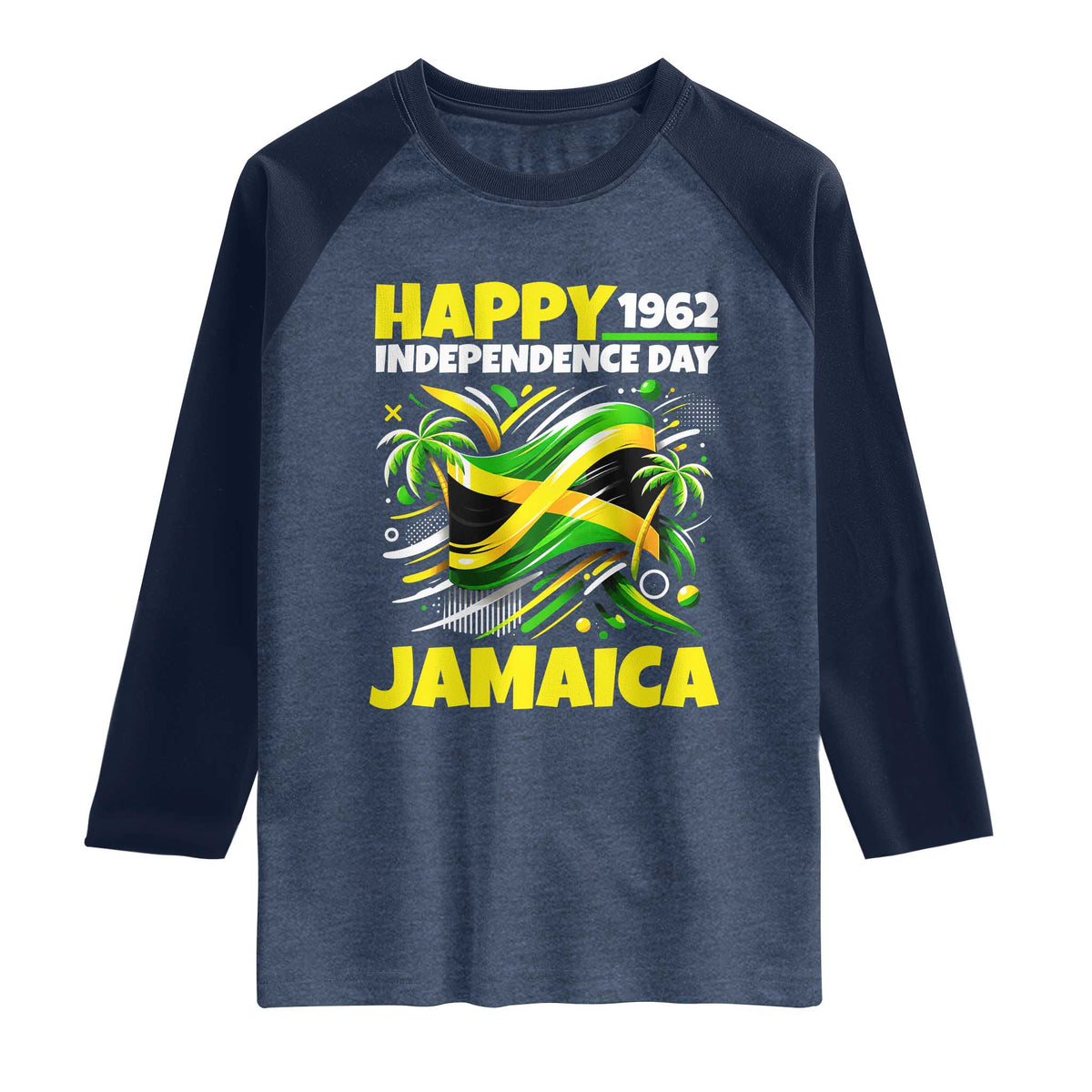 Happy Jamaican Independence Day 1962 Graphic Raglan Shirt Jamaica Waving Flag and Palm Trees Caribbean Pride