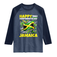Happy Jamaican Independence Day 1962 Graphic Raglan Shirt Jamaica Waving Flag and Palm Trees Caribbean Pride