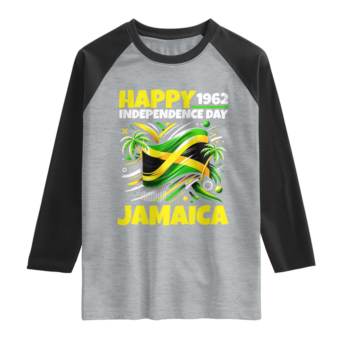 Happy Jamaican Independence Day 1962 Graphic Raglan Shirt Jamaica Waving Flag and Palm Trees Caribbean Pride