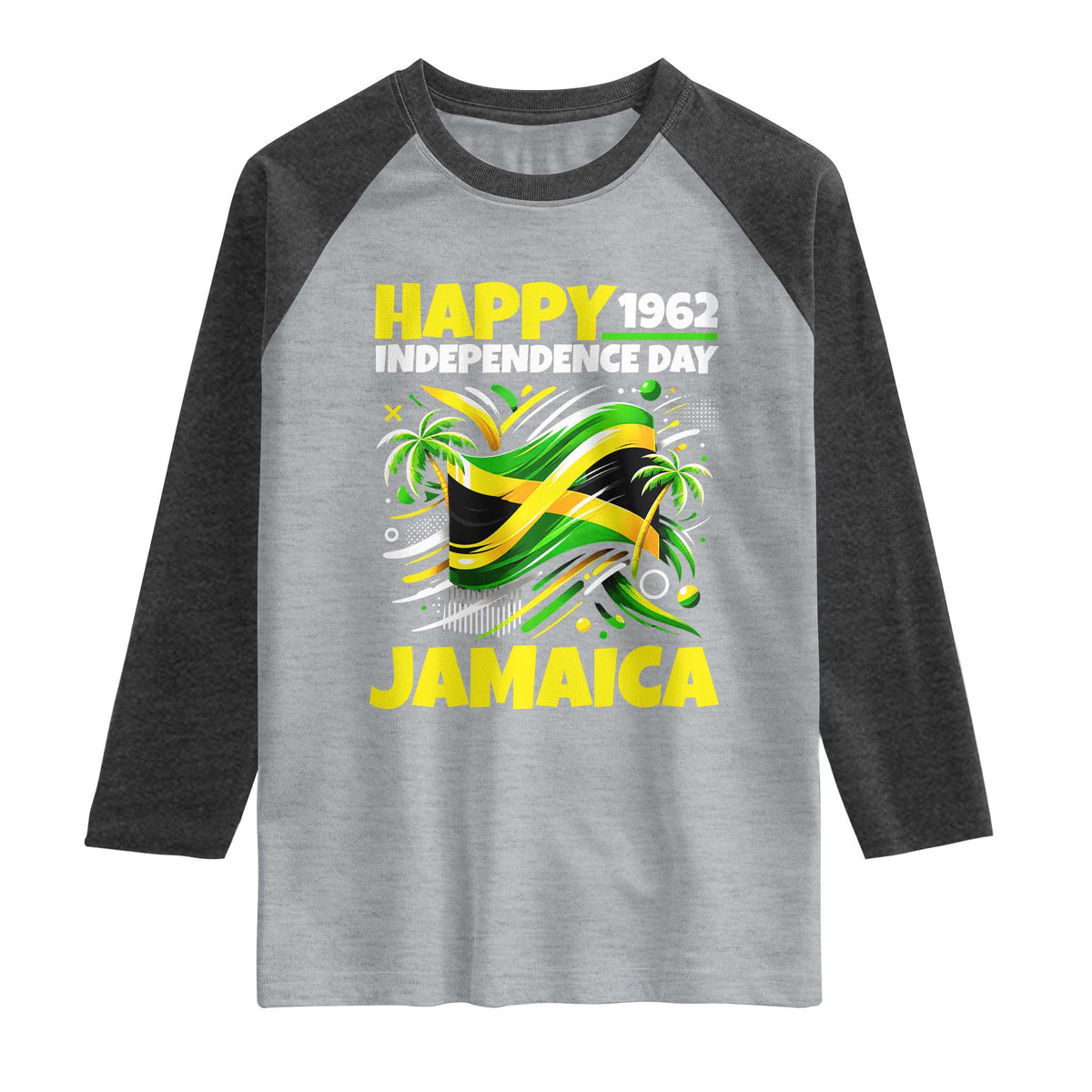 Happy Jamaican Independence Day 1962 Graphic Raglan Shirt Jamaica Waving Flag and Palm Trees Caribbean Pride