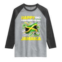 Happy Jamaican Independence Day 1962 Graphic Raglan Shirt Jamaica Waving Flag and Palm Trees Caribbean Pride