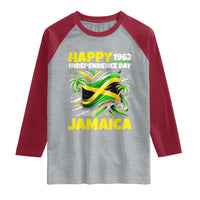Happy Jamaican Independence Day 1962 Graphic Raglan Shirt Jamaica Waving Flag and Palm Trees Caribbean Pride
