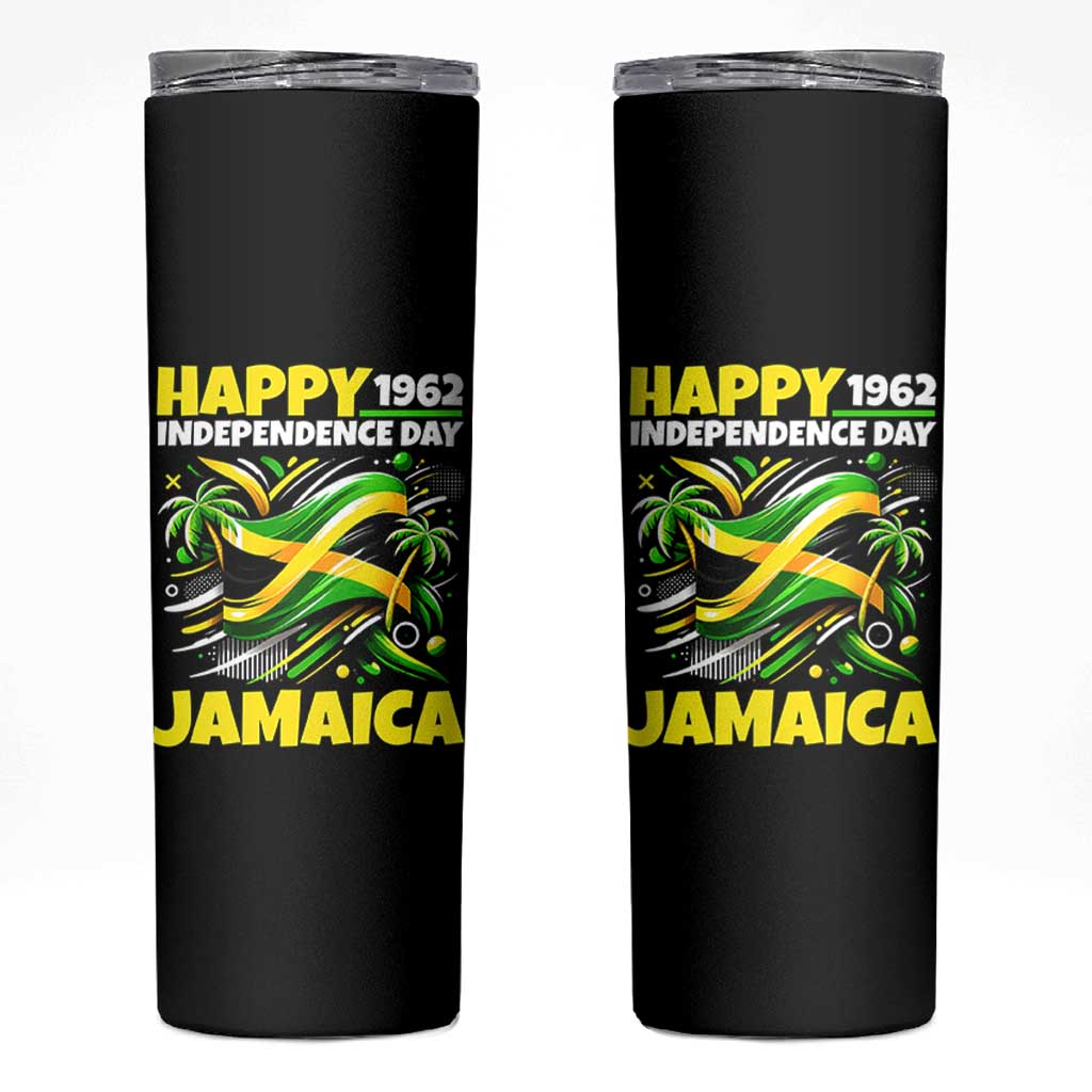 Happy Jamaican Independence Day 1962 Graphic Skinny Tumbler Jamaica Waving Flag and Palm Trees Caribbean Pride