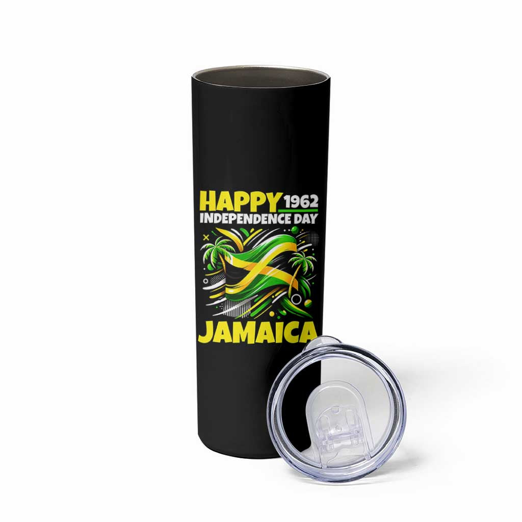 Happy Jamaican Independence Day 1962 Graphic Skinny Tumbler Jamaica Waving Flag and Palm Trees Caribbean Pride