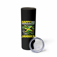 Happy Jamaican Independence Day 1962 Graphic Skinny Tumbler Jamaica Waving Flag and Palm Trees Caribbean Pride