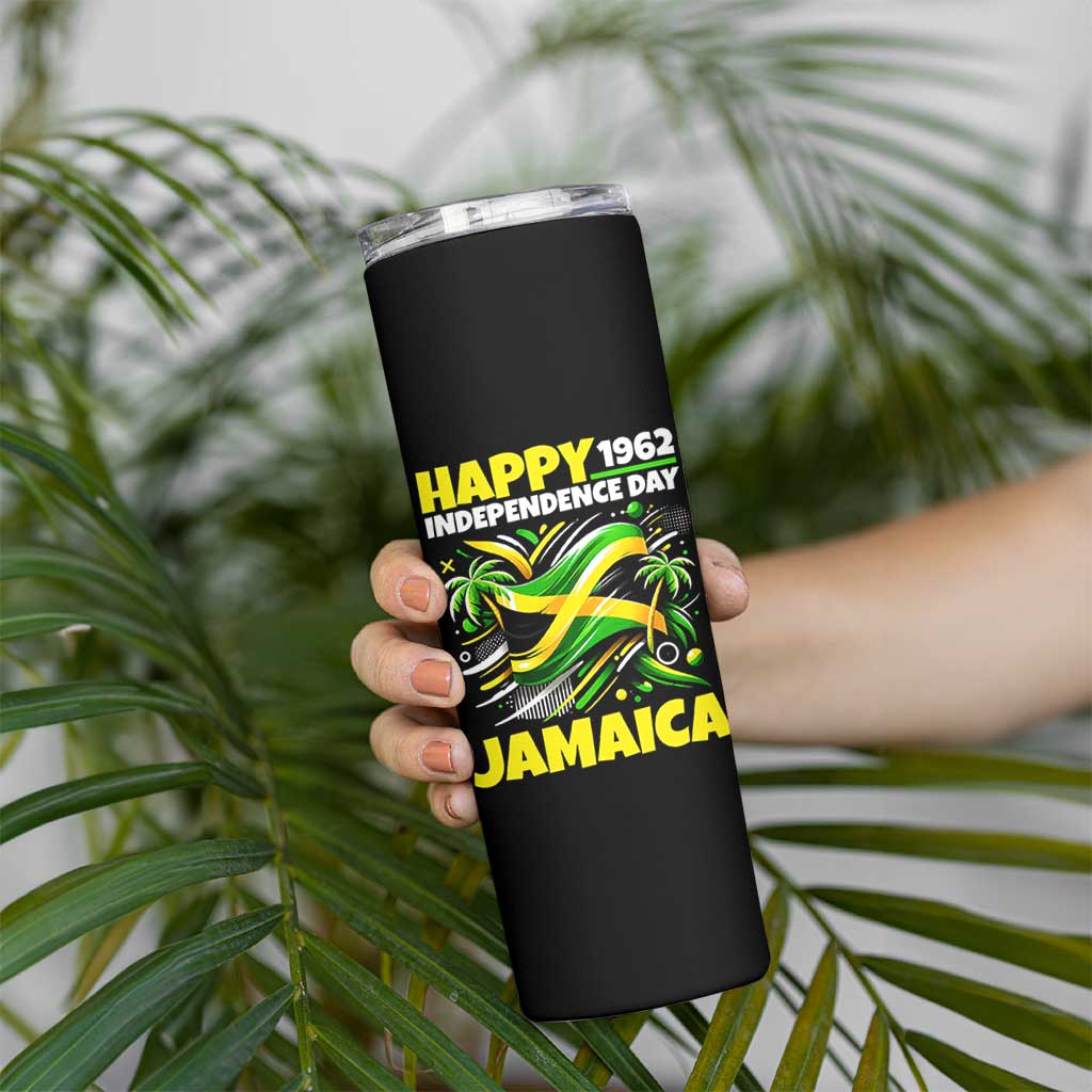 Happy Jamaican Independence Day 1962 Graphic Skinny Tumbler Jamaica Waving Flag and Palm Trees Caribbean Pride