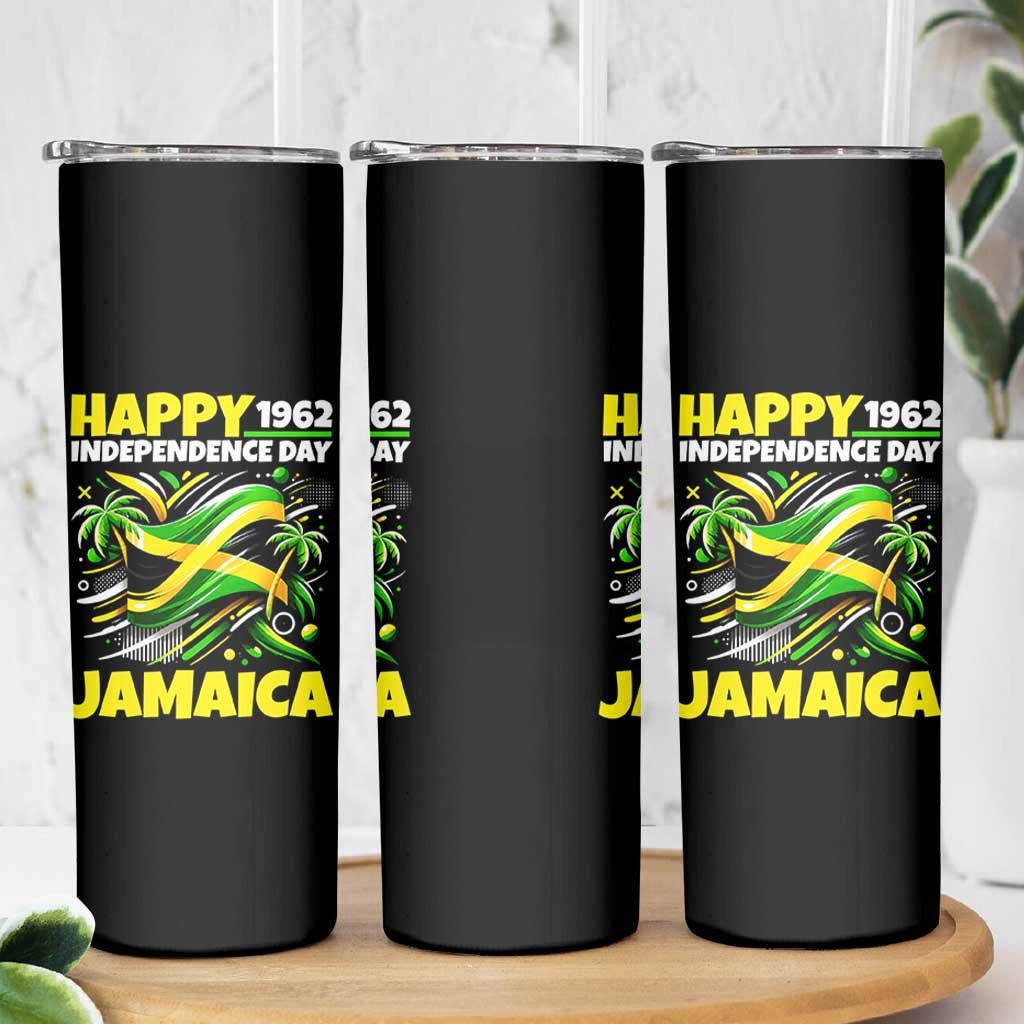 Happy Jamaican Independence Day 1962 Graphic Skinny Tumbler Jamaica Waving Flag and Palm Trees Caribbean Pride