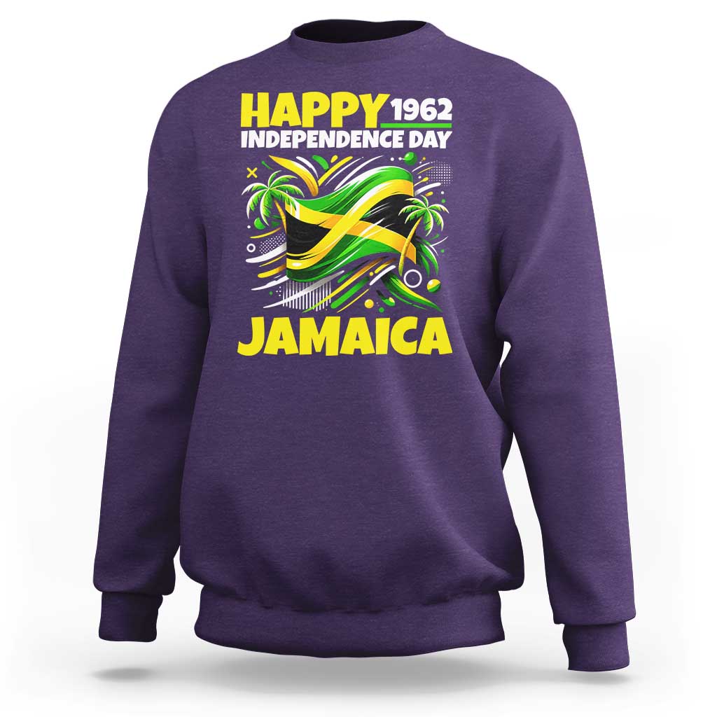Happy Jamaican Independence Day 1962 Graphic Sweatshirt Jamaica Waving Flag and Palm Trees Caribbean Pride