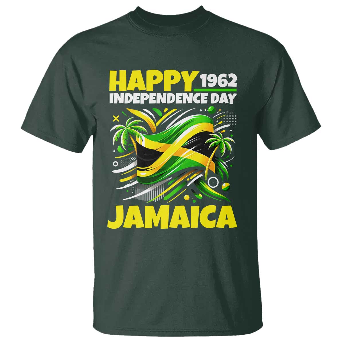 Happy Jamaican Independence Day 1962 Graphic T Shirt Jamaica Waving Flag and Palm Trees Caribbean Pride
