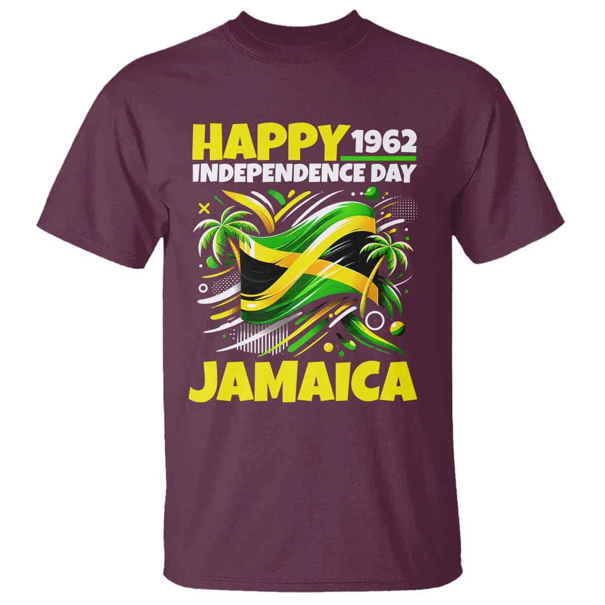 Happy Jamaican Independence Day 1962 Graphic T Shirt Jamaica Waving Flag and Palm Trees Caribbean Pride